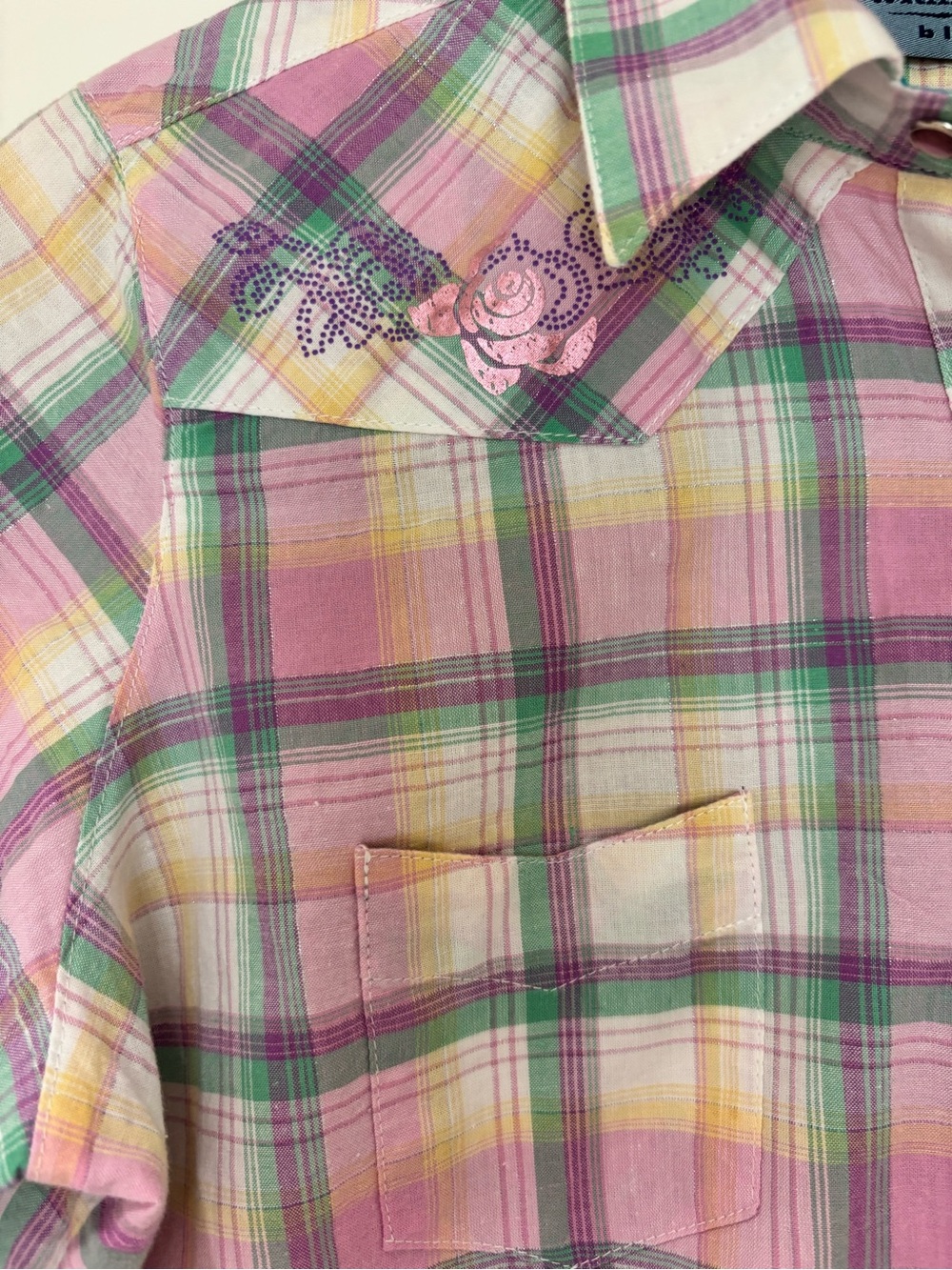 Wrangler Blues Sz L Cotton Plaid Metallic Shirt Pink Pearl Snap Buttons Western - Picture 7 of 10